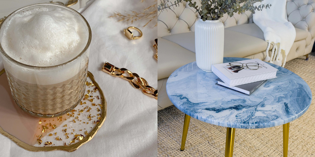 resin white and blue swirl table