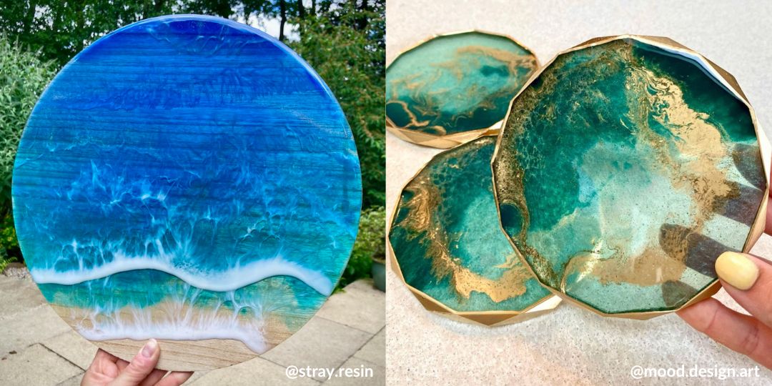 ocean wave resin tray and green resin coasters