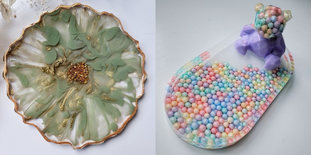 green resin coaster and multi coloured resin tray