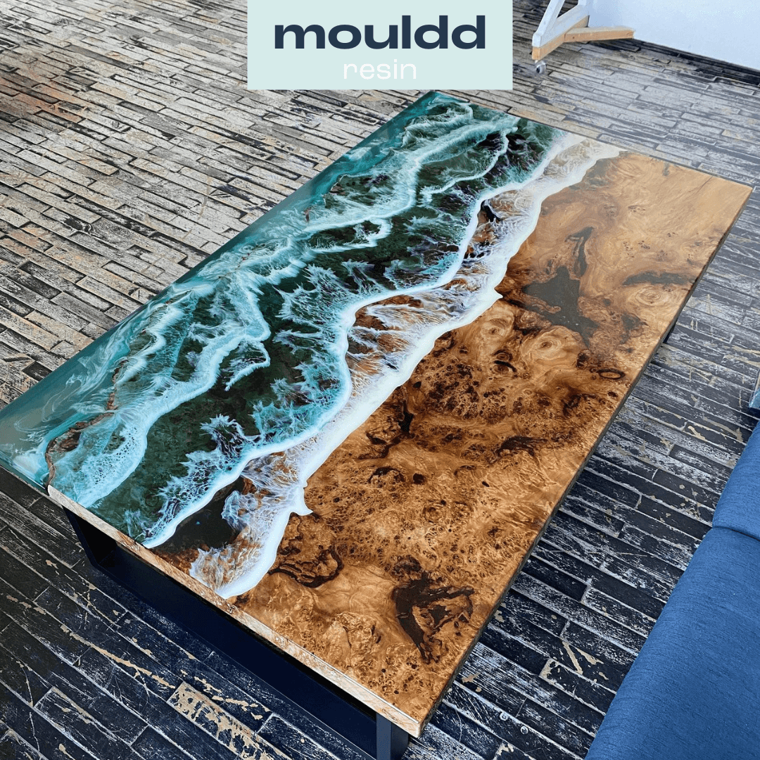 oak table with ocean waves design made from resin